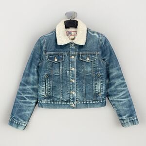 Old Navy Women Small Denim Sherpa Trucker Jacket Blue Jean Faux Fur Fleece Cozy